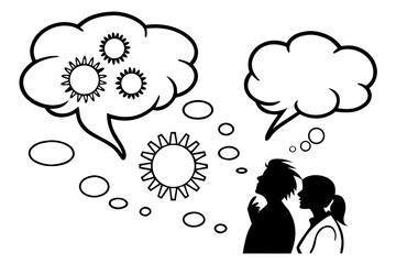 A conceptual illustration of brainstorming and teamwork. Silhouettes of a man and woman sharing ideas, with one person's mind working like a complex gear mechanism.