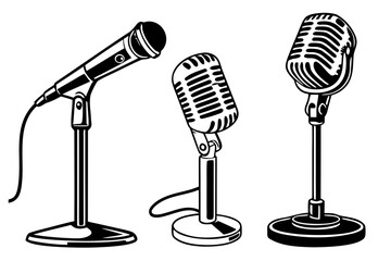 Set of classic and contemporary microphones. Vintage retro and modern mic on a stand. Monochrome illustration for recording, broadcast, and podcasting.