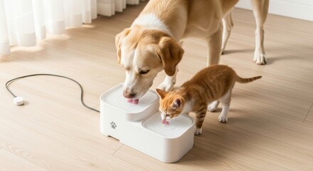 Friendly dog and cat drinking water from modern pet fountain in bright and airy home interior with large windows and natural light