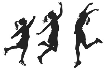 Energetic silhouettes of a little girl in motion. Three vector poses showing a child jumping, running, and celebrating, representing youth, freedom, and happiness.