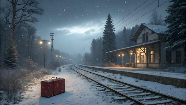 Abandoned train station with red suitcase in falling snow - Powered by Adobe