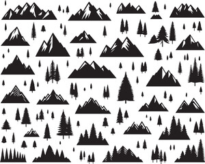 Seamless vector pattern of snow-covered mountains with winter forest and Christmas trees, a festive holiday nature illustration