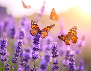 Orange butterflies flutter above a field of purple lavender flowers, bathed in warm sunlight