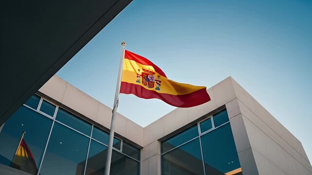 The national flag of Spain waving on a flagpole against a modern building and blue sky