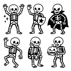 Naklejka premium Cute cartoon skeletons in Halloween costumes and funny poses. Spooky yet friendly bones characters perfect for party decorations, kids prints, and festive clipart