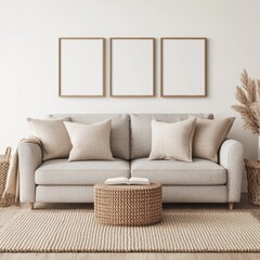 Fototapeta premium Cozy Living Room with Neutral Tones and Modern Decorative Elements