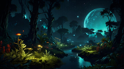 A planet covered with magic forests and luminous plants, like a luminous oasis in the darkness. AI generated