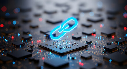 Cyan Chain Icon Over Microchip on Dark Circuit Board with Blue Red and Gold Lights Emphasizing Digital Connection