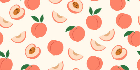 Vintage seamless pattern peach fruit. Trendy seamless pattern with peaches. Fruit background with hand drawn peaches, flowers and leaves. Modern abstract design for paper, cover, fabric