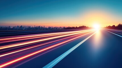 Obraz premium Sunrise cityscape road trails, modern highway speed, city skyline, beautiful morning light, stock photography