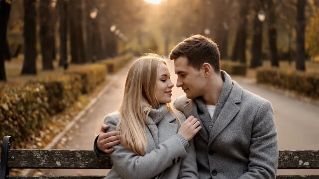 Romantic Couple Embrace on Bench Autumn Park Engagement Photo Shoot Golden Hour Love Story Candid Moments Warm Aesthetic Serene Scene