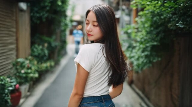 A beautiful Japanese woman with long hair, wearing jeans and a white T-shirt