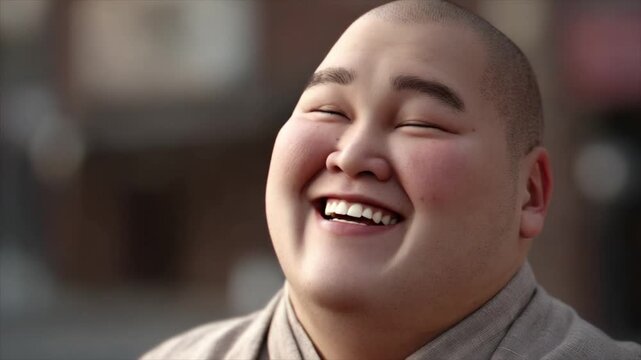 An exaggeratedly fat, obese Japanese man with a buzz cut, smiling