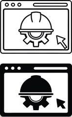 IT Engineering Icons. Black and White Vector Illustrations. Construction Helmet, Gear, and Application. Development, Implementation, and Support of Information Technology in Industry
