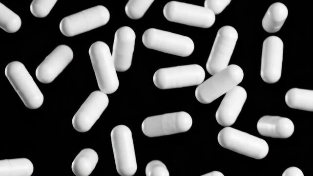 Capsules Cascade White Pills on Black Backdrop  Medicine and Health.