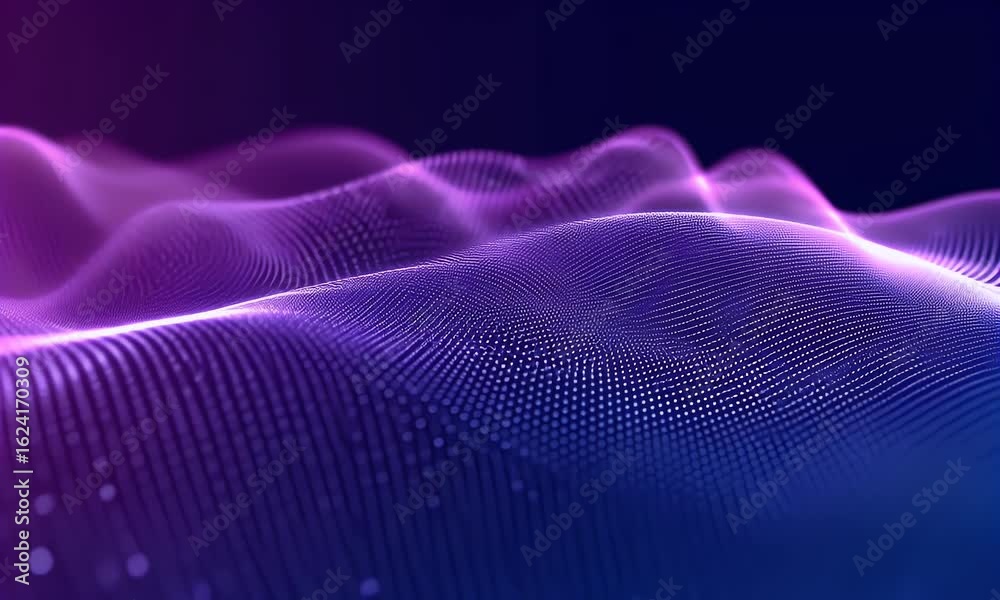Wall mural abstract digital background with a glowing wave of dots and lines, in a purple-blue gradient color. 