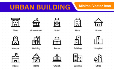 Fototapeta premium Urban Building icon set. Containing house, office, bank, school, hotel, shop, university and hospital icons. Solid icon collection.