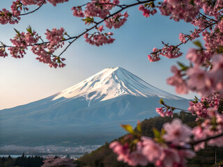 Iconic mount fuji in japan framed by blooming cherry blossom branches
