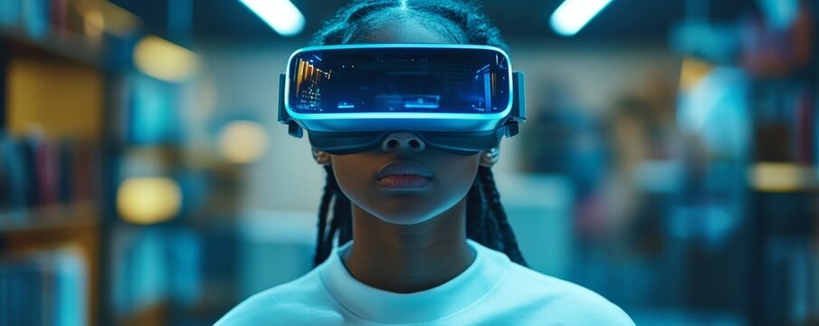 School student using VR headset and AI artificial intelligence technology and machine learning. Futuristic Interactive technology in the classroom. Innovation and smart tech, Generative AI