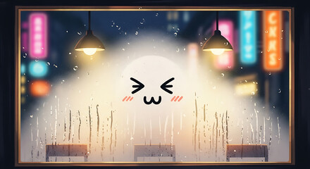 Cozy rainy night scene with a cute kawaii character smiling on a steamy cafe window overlooking a neon-lit city street.