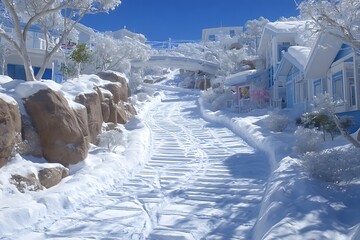 Winter Wonderland Snowy street with houses and trees under a clear blue sky.
