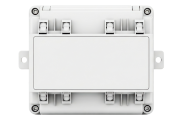 White fiber optic network distribution box with cable clips isolated on a transparent background