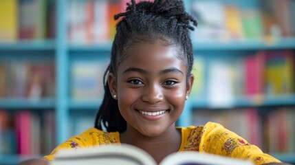 Happy candid African American female school student reading a book in a classroom library. Inclusive image of a Black teenage girl revising and studying for exams, Generative AI