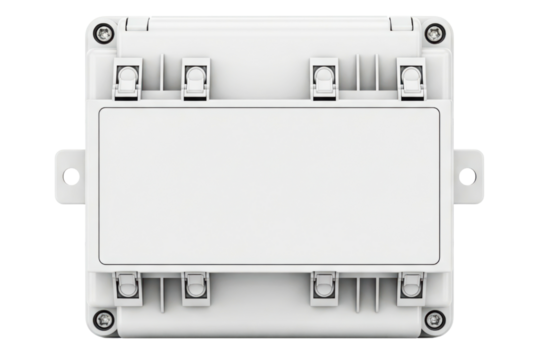 White fiber optic network distribution box with cable clips isolated on a transparent background
