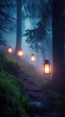A path in the woods with four lanterns lit up