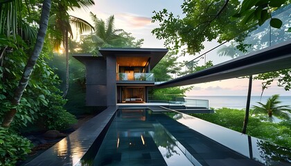 Modern luxury villa with infinity pool surrounded by lush tropical greenery and ocean view at sunset