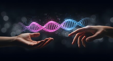 Digital of Virtual analysis chromosome DNA test of human in situations disease COVID-19 virus on hands in 3D illustration. Of free space for texts and creativity