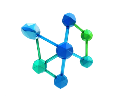 Abstract Geometric Molecular Structure With Connected Blue And Green Spheres Isolated On Transparent Background - Powered by Adobe