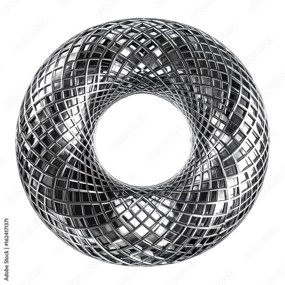 Wall mural abstract metallic geometric torus shape with intricate pattern isolated on transparent background
