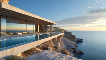 Modern luxury villa with infinity pool perched on a dramatic cliffside overlooking the serene mediterranean sea at sunset with clear blue sky and soft clouds