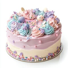 a soft pastel color palette of pink, blue, and lavender, decorated with delicate buttercream flowers and sprinkles, isolated on a white background