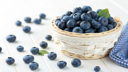Blueberry in basket on white surface in white background