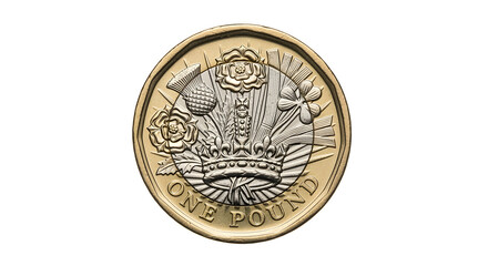 Detailed One Pound Coin with Crown Emblem and Floral Design on a Clean White Background Close Up Macro Financial