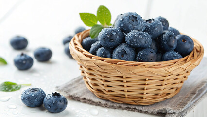 Blueberries in wicker basket with water drop on white surface in white background 