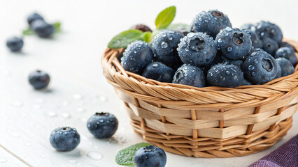 Blueberry in basket with water drop on white surface in white background 