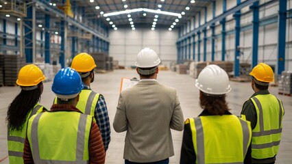 Diverse Group of Factory Engineers Having Morning Briefing with Manager in Industrial Warehouse
