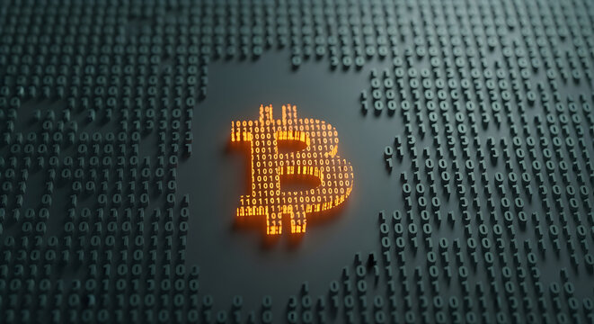 Digital Bitcoin Symbol with Binary Code Background in Orange and Grey Colors for Technology and Investment Concept