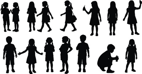 Comprehensive silhouette collection of diverse children in various poses, walking, standing, and playing, showcasing childhood and innocence, isolated for versatile design applications.Comprehensive s