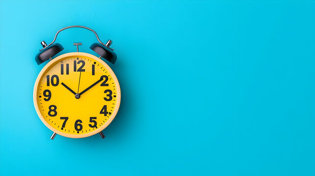 Bright Yellow Alarm Clock on Vibrant Blue Background for Design