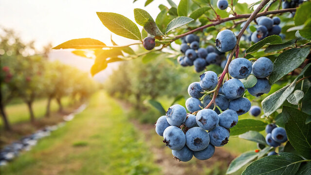 Blueberries on tree in garden in natural warm sunlight background