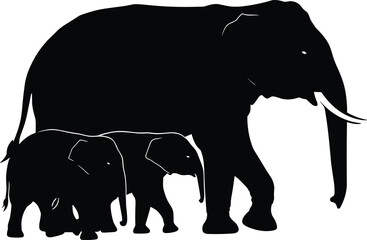 Silhouette of elephant family walking at sunset, African wildlife, majestic animals, nature scene, parenting bond, safari, dramatic sky