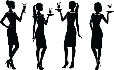 Silhouette of elegant women holding cocktail drinks, stylish party scene, fashionable ladies night, high heels, nightlife celebration concept