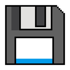 Pixel floppy disk vector for data storage, saving, and retro technology in a classic pixel art style. Useful for illustrating digital archives, backup, and nostalgia.