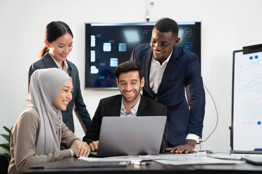 team of multiethnic colleague discuss budget performance planning, sharing idea for cost reduction, business people man woman diverse employee coworker in formal suit meeting in finance office