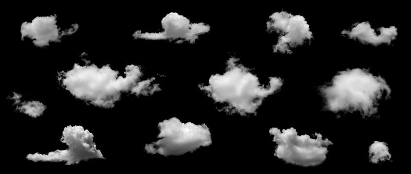 Isolated cloud collection on black background. Set of different types of clouds. Cloud design. Abstract clouds. Fog over the sky. Fluffy white clouds texture. 