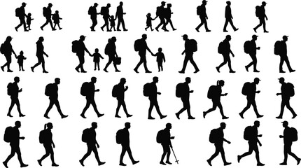 Silhouette, people, walking, hiking, family, travel, adventure, , backpacks, exploration, motion, teamwork, bonding, healthy lifestyle, scenic view, recreational activity, nature